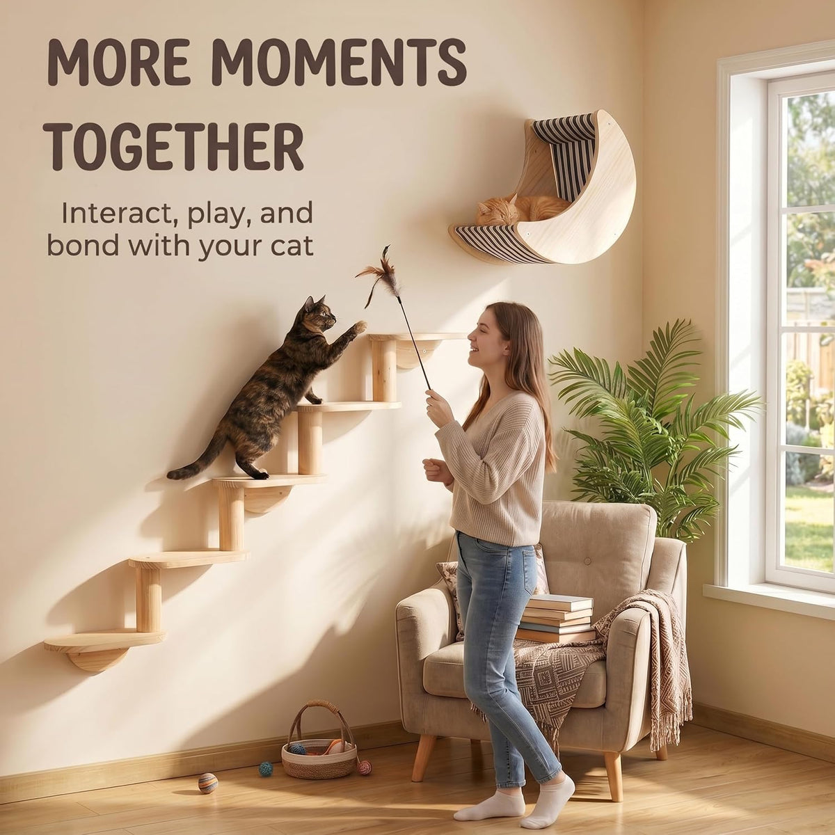 Cat Wall Shelves Set, Solid Wood Moon Bed - moon bed with 5-level stairs - image 2