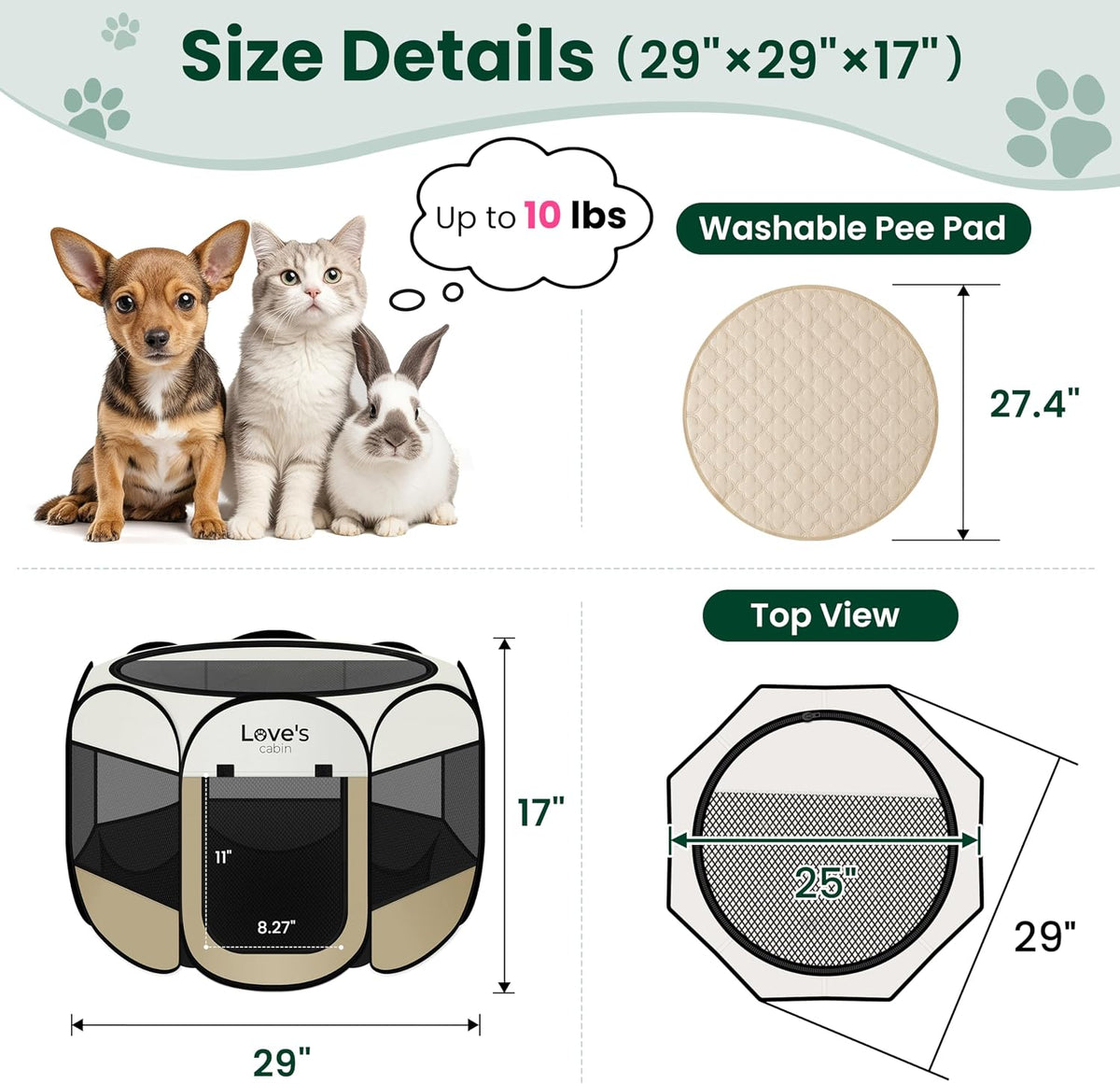 Love's cabin Pet Puppy Dog Playpen - Khaki with Pad / 25.0"L x 25.0"W x 17.0"H - image 3