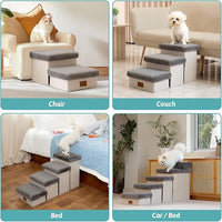 Dog Stair for Small Dogs with Storage, Foldable Pet Step with Soft Cover, Older Cat Ramp for Chair Couch Sofa, Lightweight, Durable, Comfort, 33x13x17.7 inch, 4 Tiers Grey