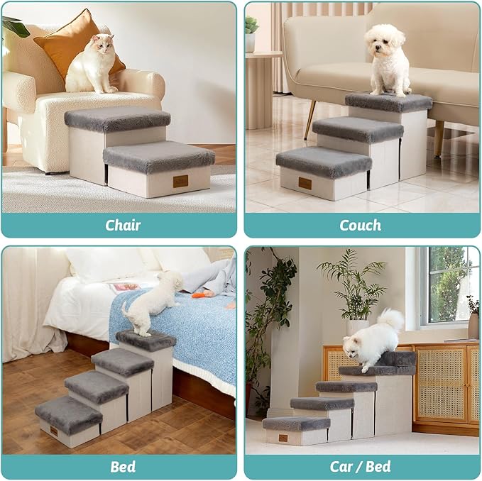 Dog Stair for Small Dogs with Storage, Foldable Pet Step with Soft Cover, Older Cat Ramp for Chair Couch Sofa, Lightweight, Durable, Comfort, 33x13x17.7 inch, 4 Tiers Grey