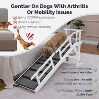 Dog Ramp for Bed or Couch, Wooden Pet Ramp with 20° Gentle Slope, Removable Side Rails, Non-Slip Surface, Top Platform & Wheels, Safe Bed Ramp for Small, Medium & Senior Dogs, 60" Long, White