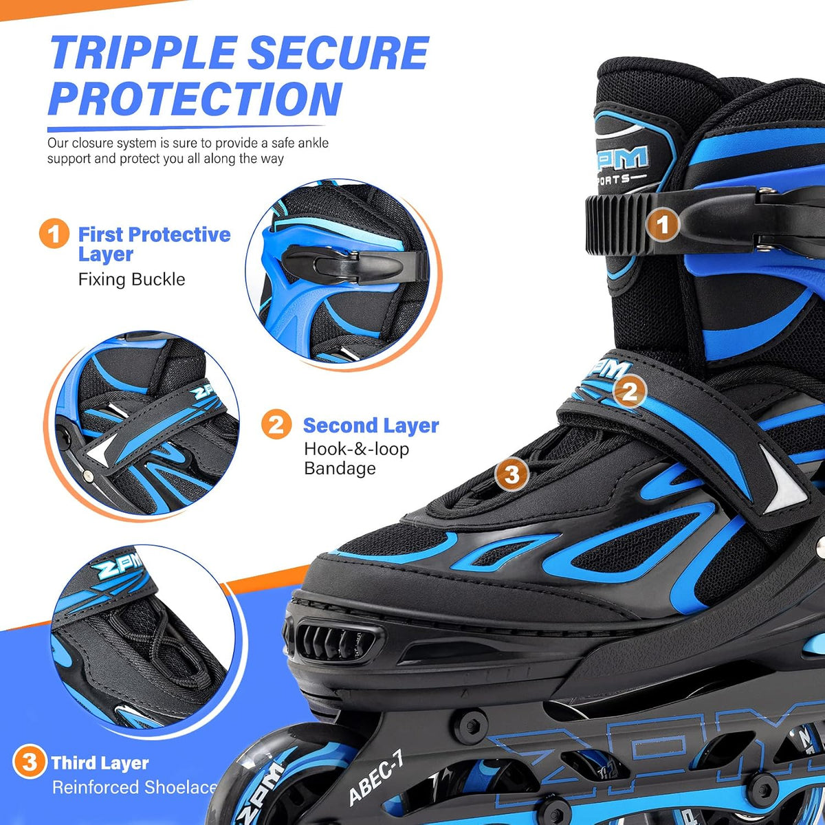 2PM SPORTS Adjustable Inline Skates for Kids, Youth and Adults - Azure & Blue / Large - Youth (4.5-8 US) - image 3