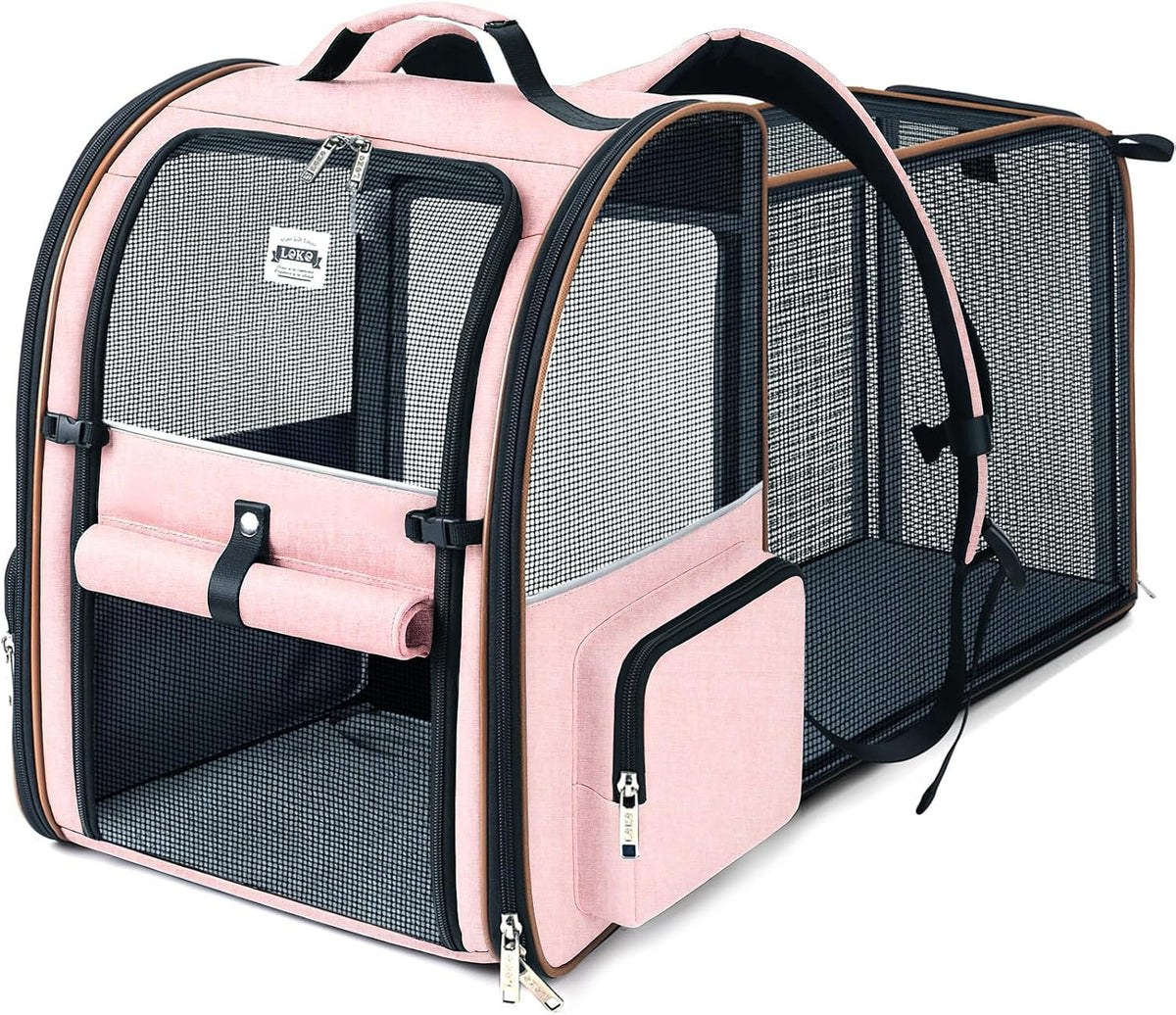 Cat Carrier Backpack, Expandable Pet Carrier with Sun Shade & Full Front Opening, Breathable Mesh - Pink / XL-Mesh Window