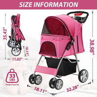 Unisakey Foldable 4-Wheel Pet Stroller for Dogs Cats 10-33lbs - Pink - image 2