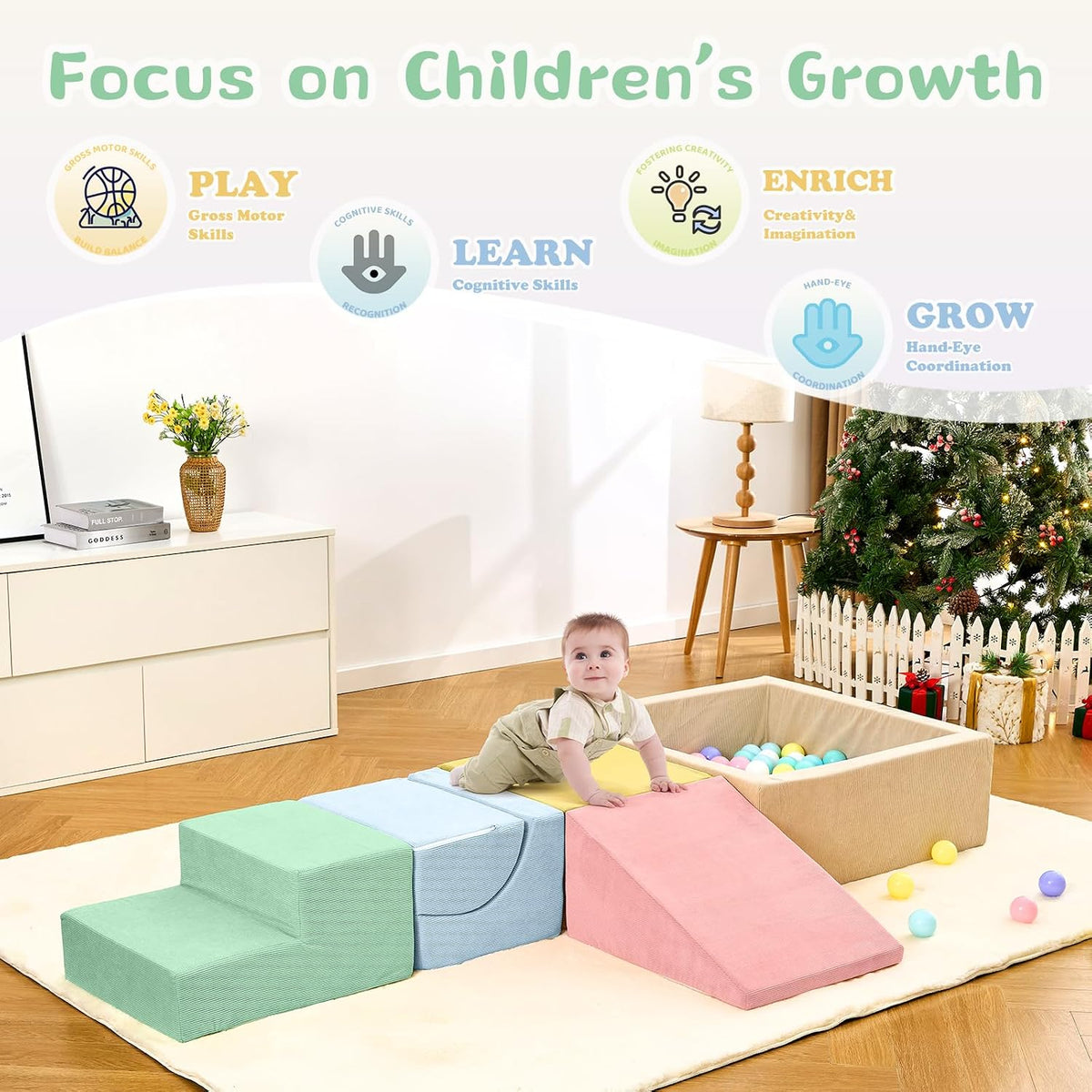 QUCHI foam climbing blocks for toddlers, 5-piece soft play set with ball pit - view 8