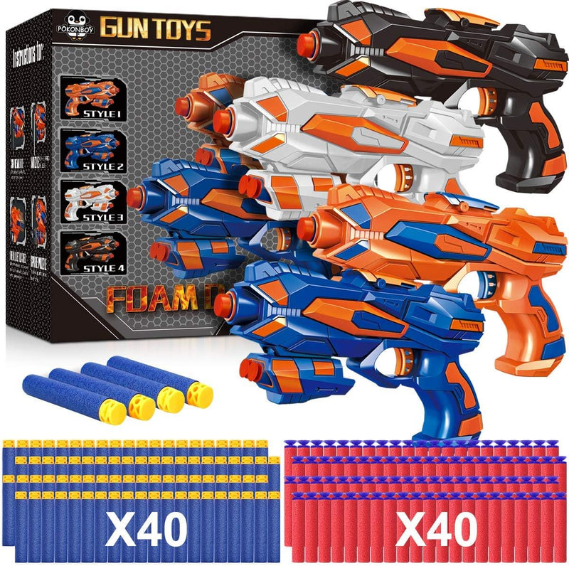 Pokonboy foam dart blaster 2 pack in orange and blue with 60 soft foam darts and wristbands