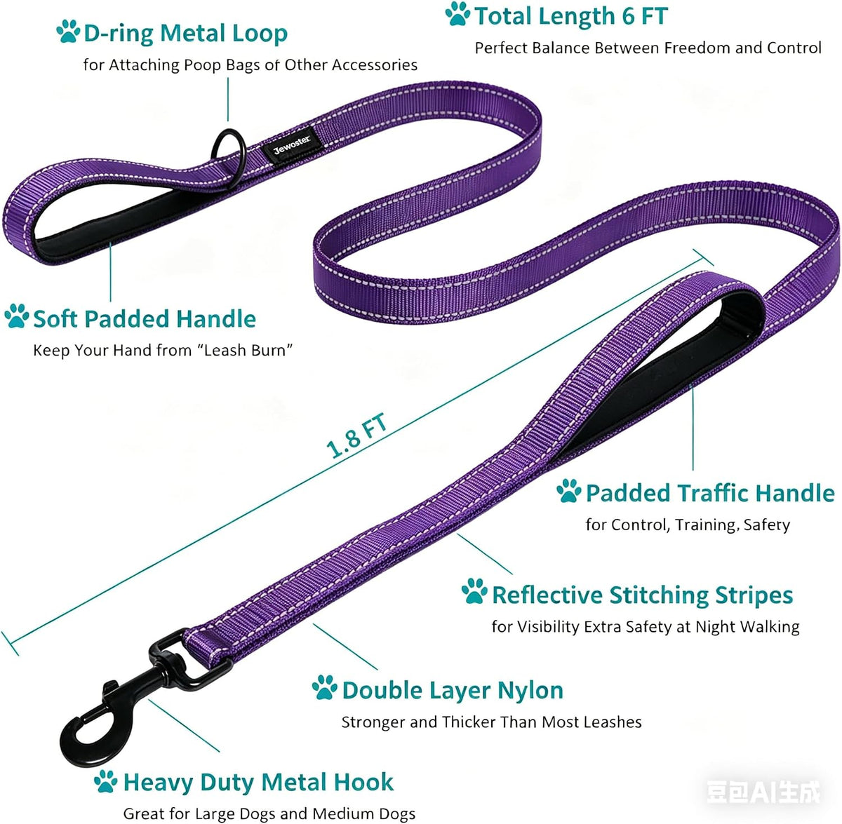 Heavy Duty Dog Leash - 2 Handles by Padded Traffic Handle for Extra Control, 6foot Long - Perfect - 6 ft / Purple - image 2