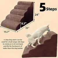 Dog Stairs & Pet Ramp for Small/Large Dogs to High Beds/Couches - 5 Steps 24-inch Height for 18-30 inch Furniture, 2 Washable Covers (Brown, Grey), Non-Slip Balanced 33D Design for Old Dogs & Cats