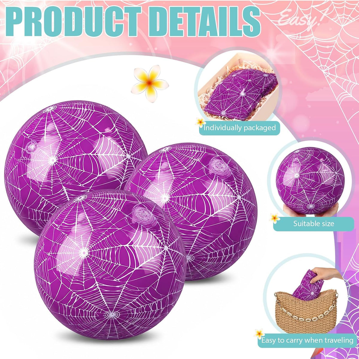 Hollowfly 12 Pack Checkered Flag Beach Balls Kids 7.87" - 7.8" / Purple Spider Web / 12 - image 3