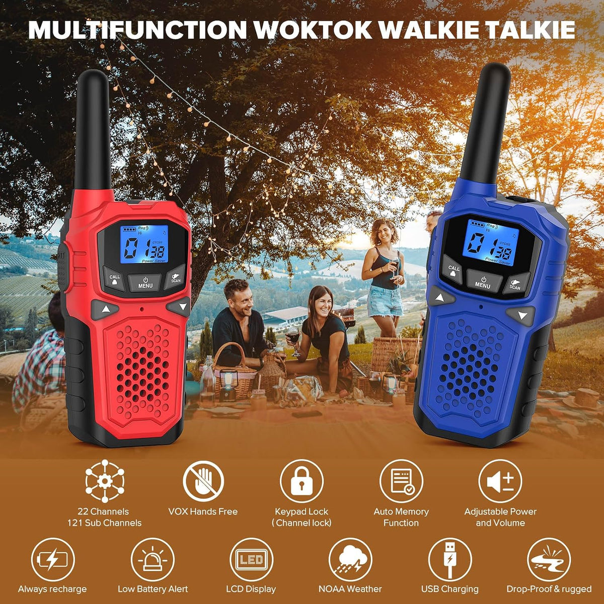 Rechargeable Walkie Talkies 3-Pack for Kids & Adults – Long Range 2-Way Radios with NOAA Alerts