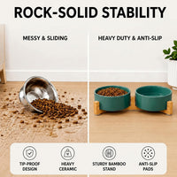 SPUNKYJUNKY Ceramic Dog and Cat Bowl with Wood Stand Non-Slip Matte - 1.7 cups / Light Green × 2 - image 3