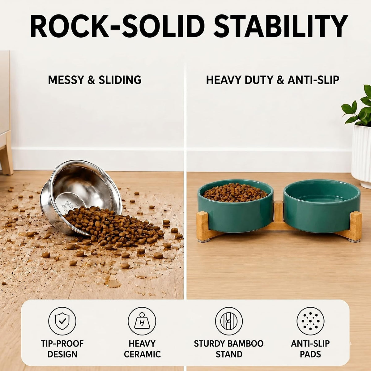 SPUNKYJUNKY Ceramic Dog and Cat Bowl with Wood Stand Non-Slip Matte - 1.7 cups / Light Green × 2 - image 3