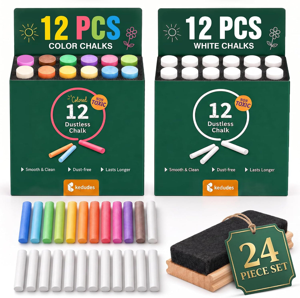 kedudes Dustless Chalk with Eraser, 24pk