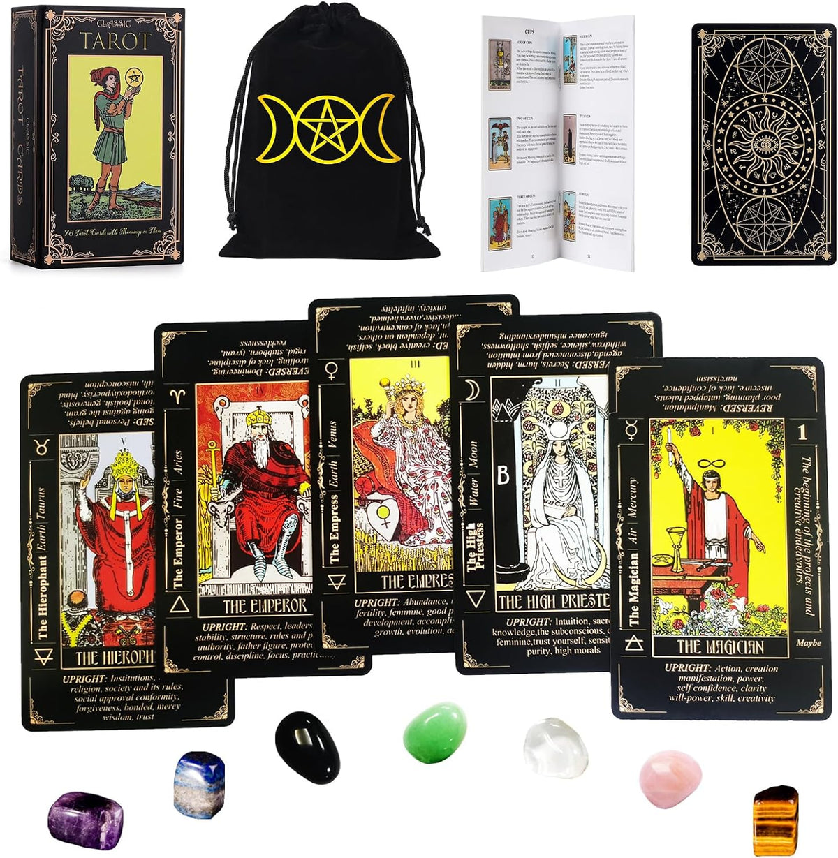 Fofeadm Tarot Cards with Guide Book & Linen Carry Bag - Black Tarot Cards Set