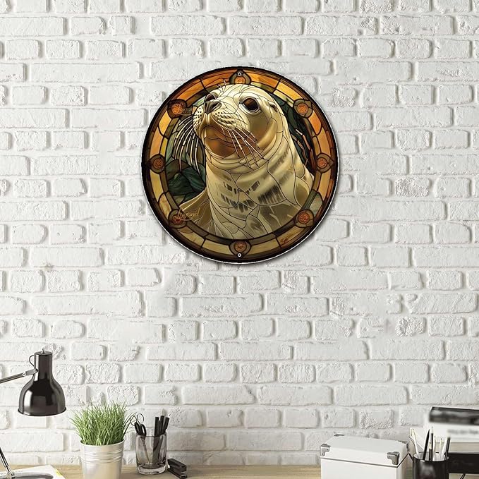 Lygond Metal Sign Tin Sign Circular Stained Glass Harbor Inspirational Wall Art for Bar 8×8 Inches