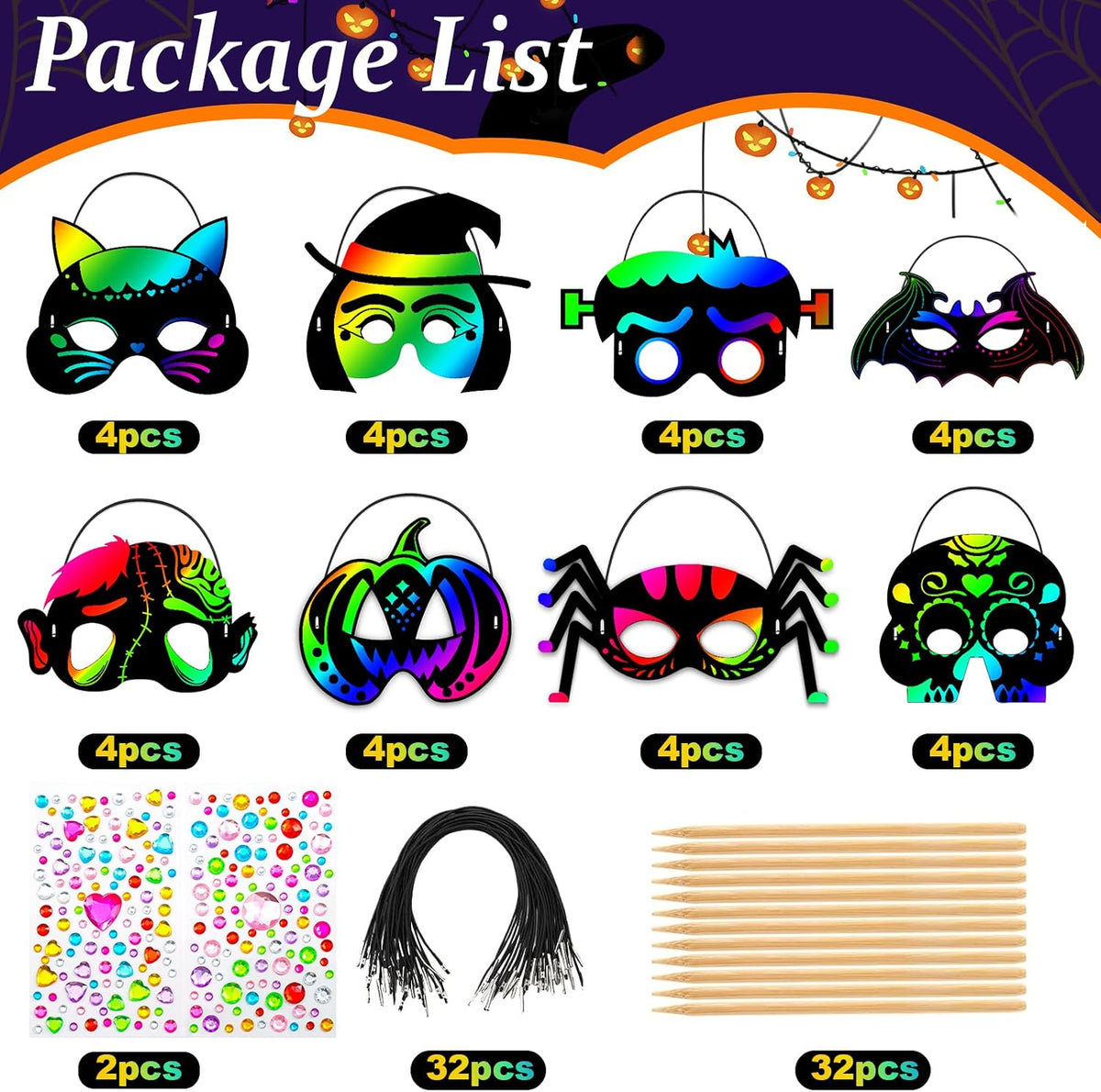 Natonhi 32 rainbow Halloween scratch art masks with wooden styluses and strings - view 24