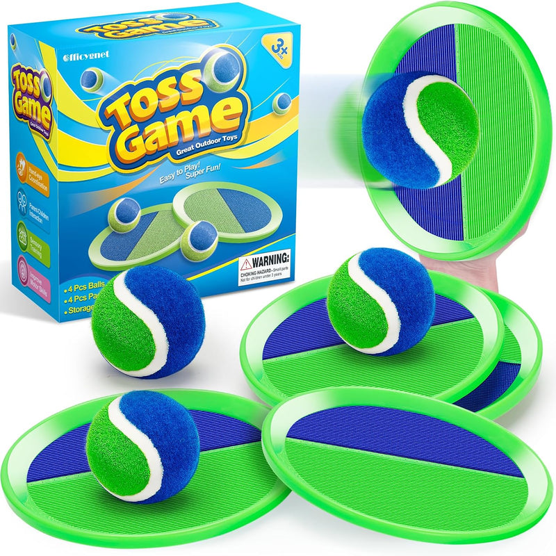 Officygnet paddle toss and catch ball game with 4 green paddles and 4 sticky balls