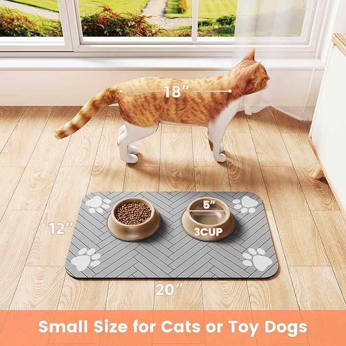 Pet Feeding Mat-Absorbent Pet Placemat for Food and Water Bowl, with Waterproof Rubber Backing, Quick Dry Water Dispenser Mat for Dog and Cat (16"x24", Striped Light Gray)