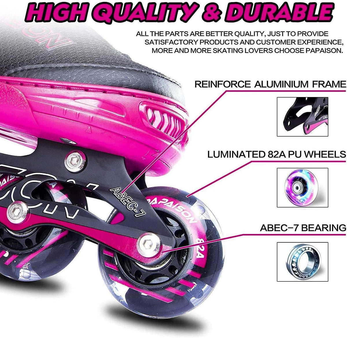 PAPAISON Adjustable Inline Skates for Kids and Adults with Full Light - Rose Red / Medium - Big Kid (1-4 US) - image 3