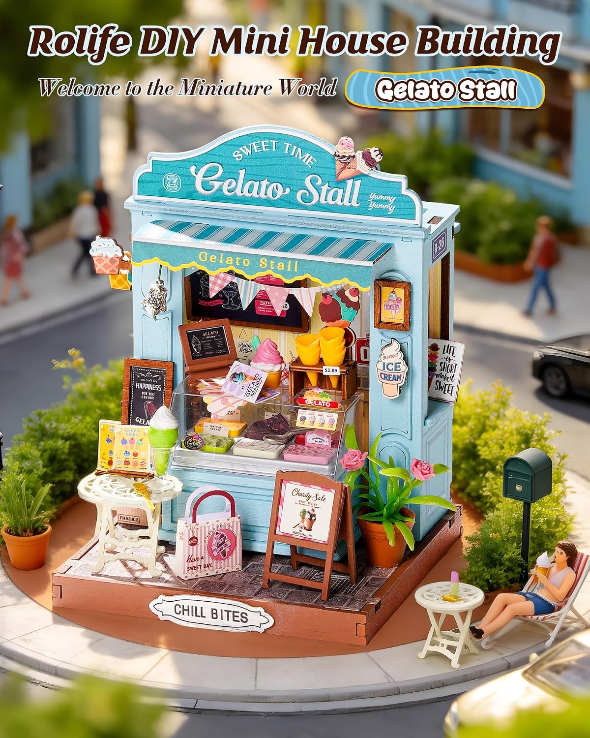 Rolife Tipsy Cat Bar DIY miniature kit, layered mini bar scene for a bookshelf - view 14