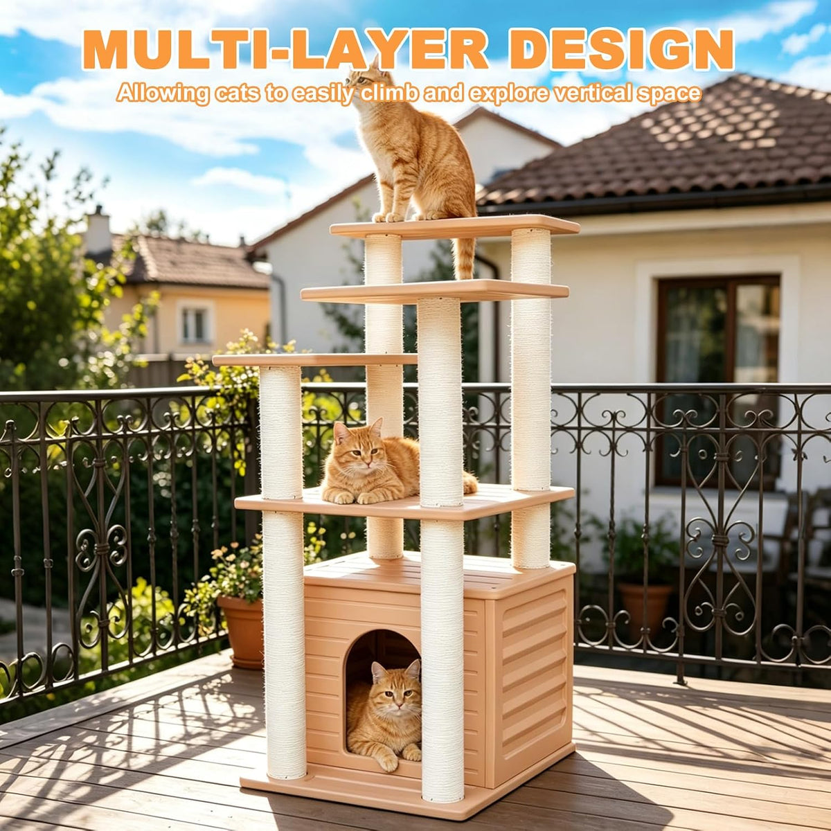 62"Tall Outdoor Cat Tree,Weatherproof Large Cat Condo with Scratching Posts – Essentials for Cats - CTT-9 - image 4