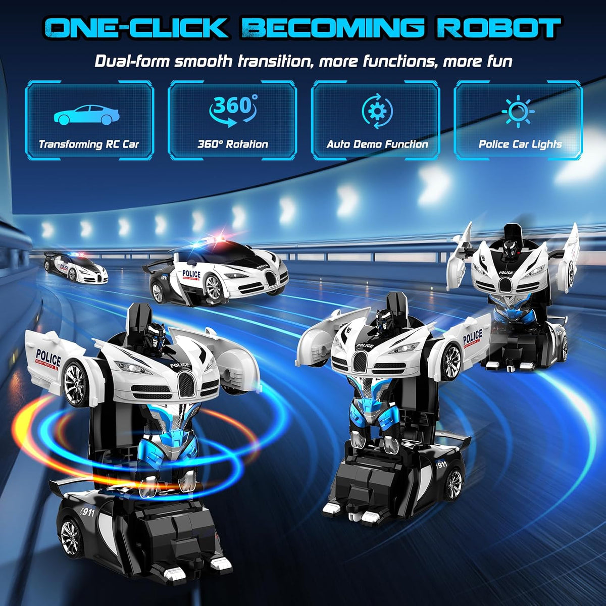 AONEPTR transforming remote control car robot toy in red with LED lights - view 3