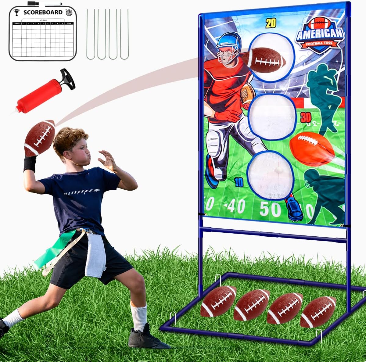 Punieayi football toss game with target net, 4 inflatable footballs, pump and scoreboard