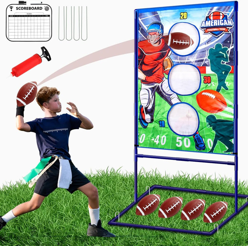 Punieayi football toss game with target net, 4 inflatable footballs, pump and scoreboard