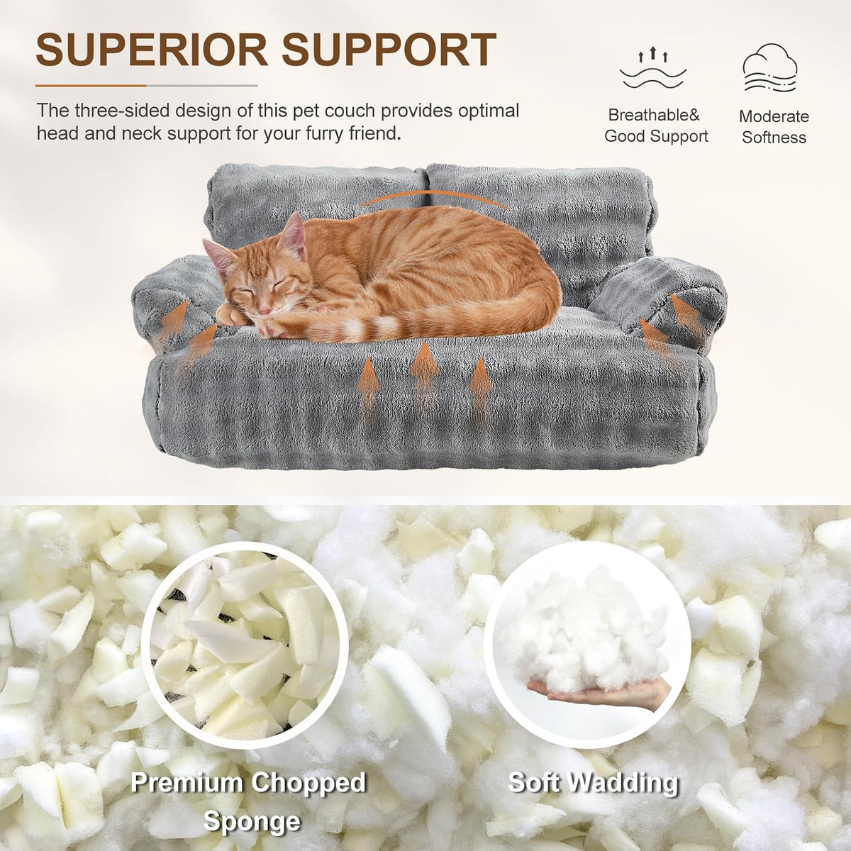Cat Couch Bed, Cute Pet Sofa for Indoor Cats, 26"x15" - Grey / 26"L x 15"W x 12.5"Th - image 4