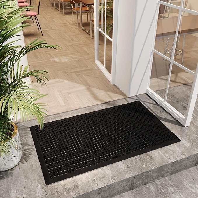 Ottomanson Heavy Duty Rubber Floor Mat – Non-Slip, Waterproof, Easy to Clean – Anti-Fatigue Mat for Commercial Kitchens, Restaurants, Workshops – Oil Resistant, Hose Washable – 36" x 60", Black