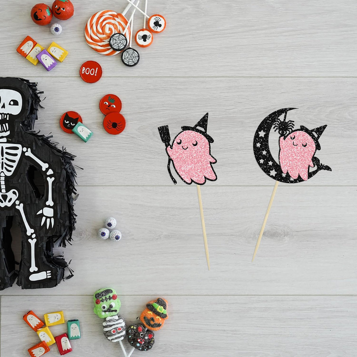 Ephlyn 24 white glitter ghost cupcake toppers for Halloween desserts - view 30