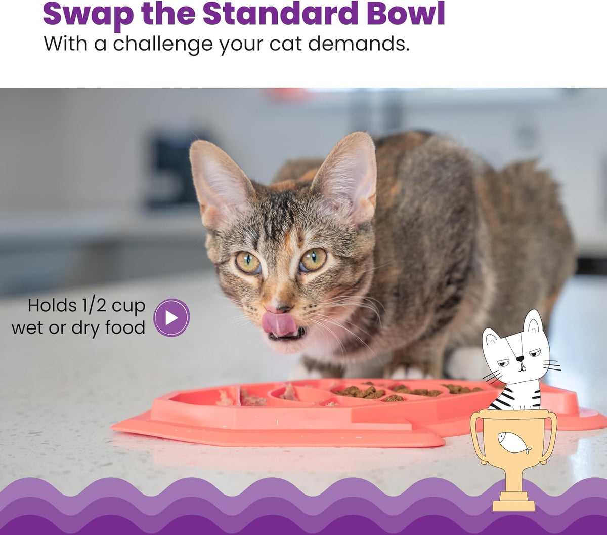 Catstages Kitty Slow Feeder Bowl for Cats & Kittens, 3/4 Cup - Fishie Fun - Pink - image 2