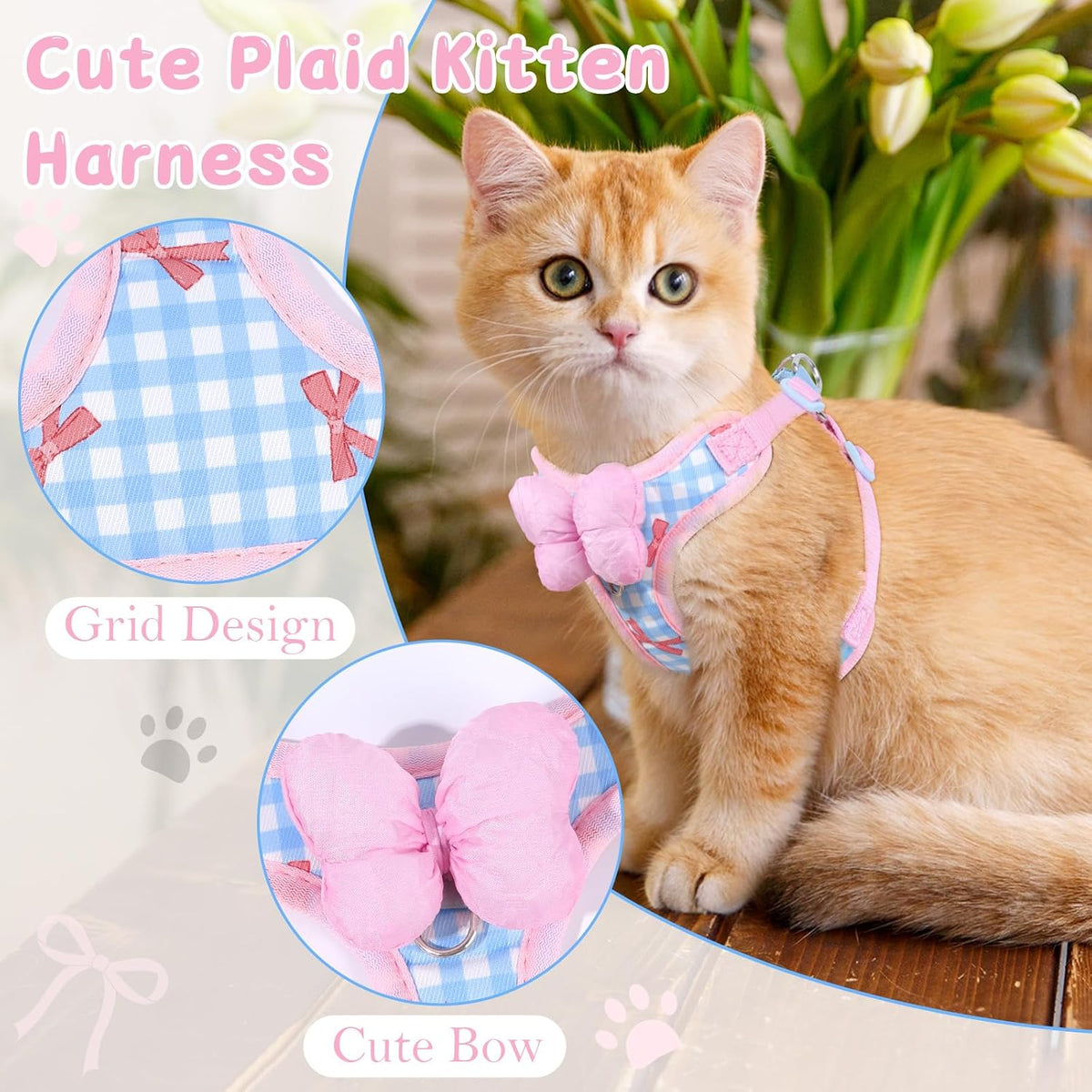 Cat Harness and Leash Set, Escape Proof Soft Vest Walk Pink XS – Essentials for Cats - Pink-Plaid / Medium - image 4