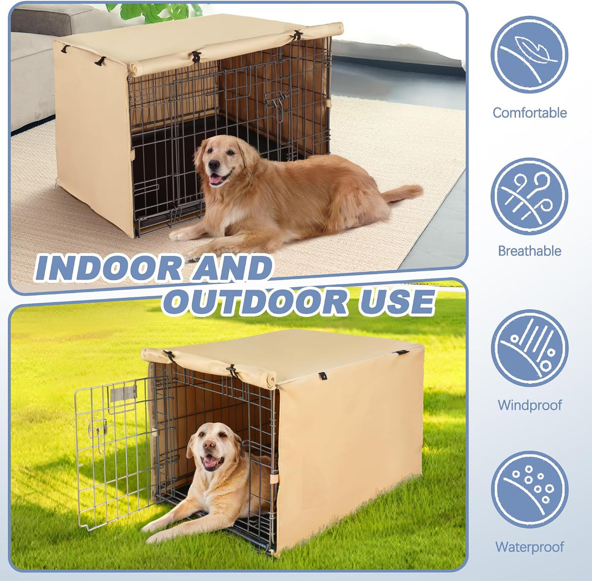 Akinerri Dog Crate Cover, Double Door Waterproof Kennel Cover - 42.0"L x 28.3"W x 30.3"H / Beige - image 3