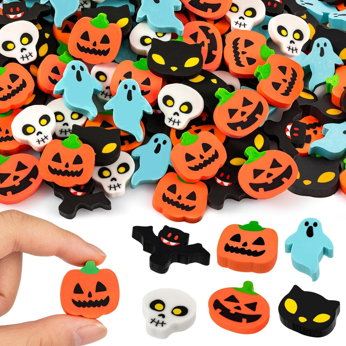 YGAOHF 60 mini Halloween erasers in pumpkin, ghost and bat shapes - view 2