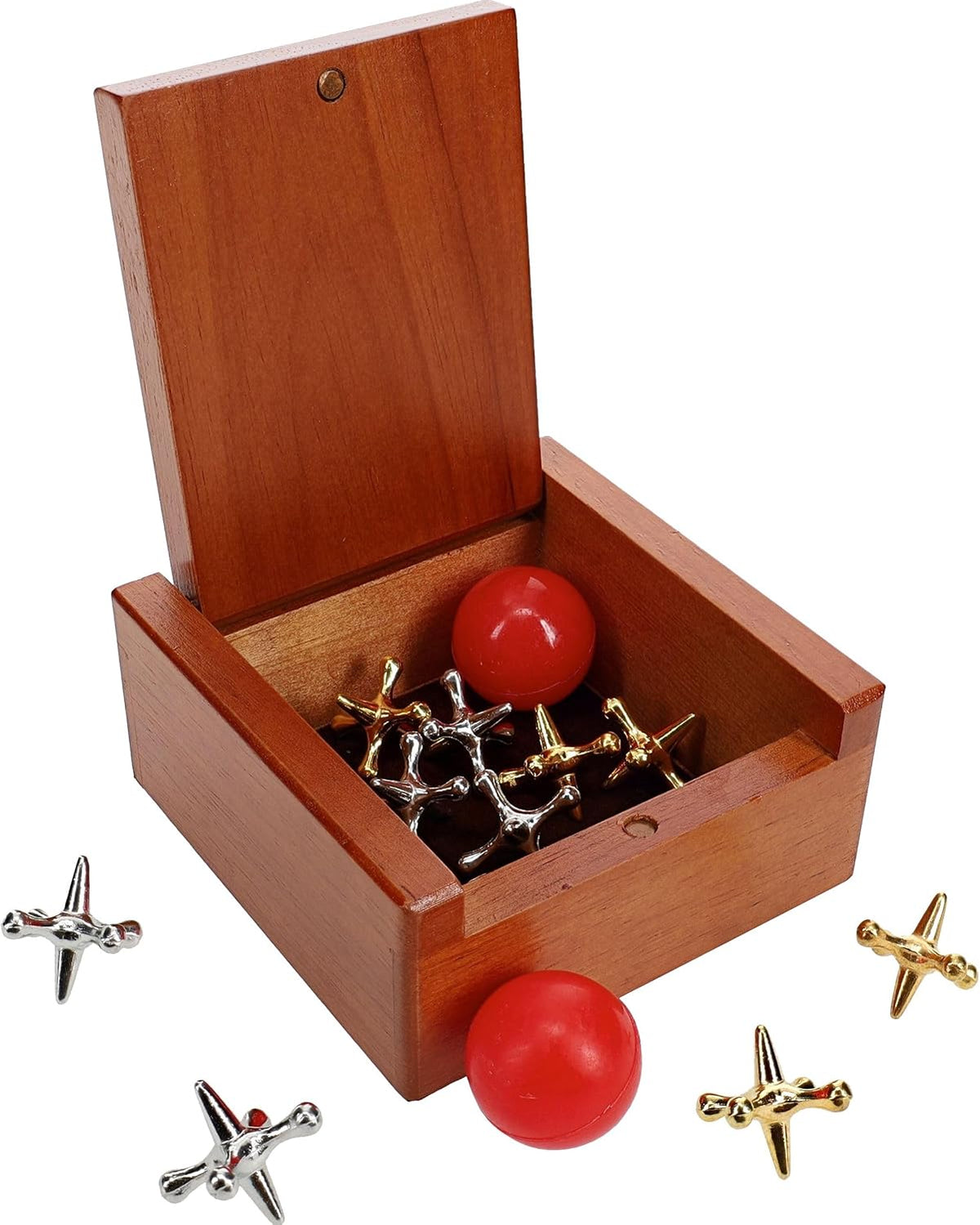 WE Games Metal Jacks Set – Classic Jacks Game with 2 Red Balls in Keepsake Wooden Box – Nostalgic