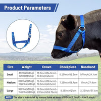 XUANNIAO Easily Adjustable Figure 8 Cow Halter, Double-Ply Premium Livestock Cattle Halters, Colorful Cow Utility Calf Halter with Leading Rope for Miniature Horse Donkey Goat Foal (Large, Blue)