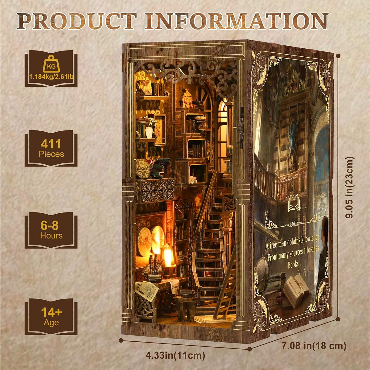 CRIOLPO vintage bookstore book nook kit with LED lights and ladder - view 11