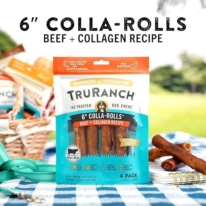 Collagen Rolls - 6" Collagen Rolls for Dogs - Long Lasting Healthy Joint Support - Rawhide Alternative - Skin & Coat Health - Made with Real Beef, Value Pack, 15 Bags, 60 Count