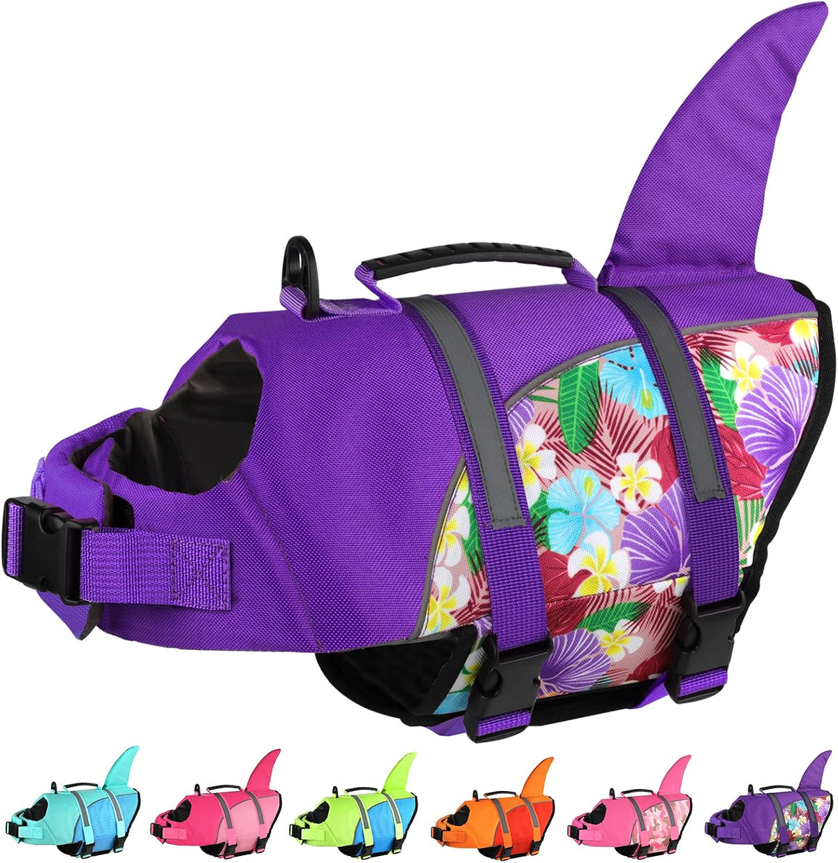 Doglay Dog Life Vest, Ripstop Shark Life Jacket - X-small / Purple & Purple Flower