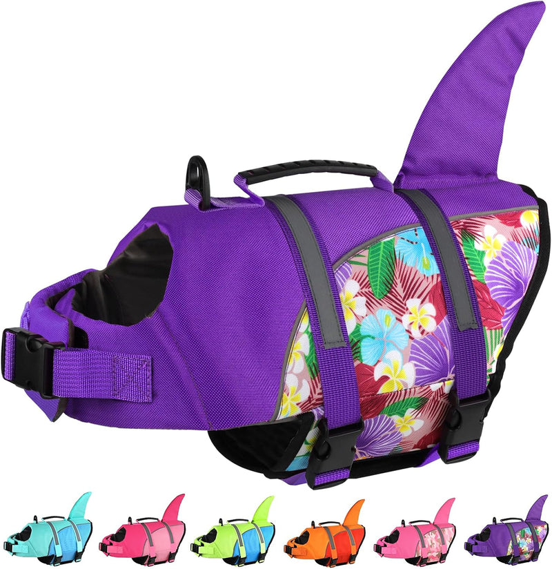 Doglay Dog Life Vest, Ripstop Shark Life Jacket - X-small / Purple & Purple Flower
