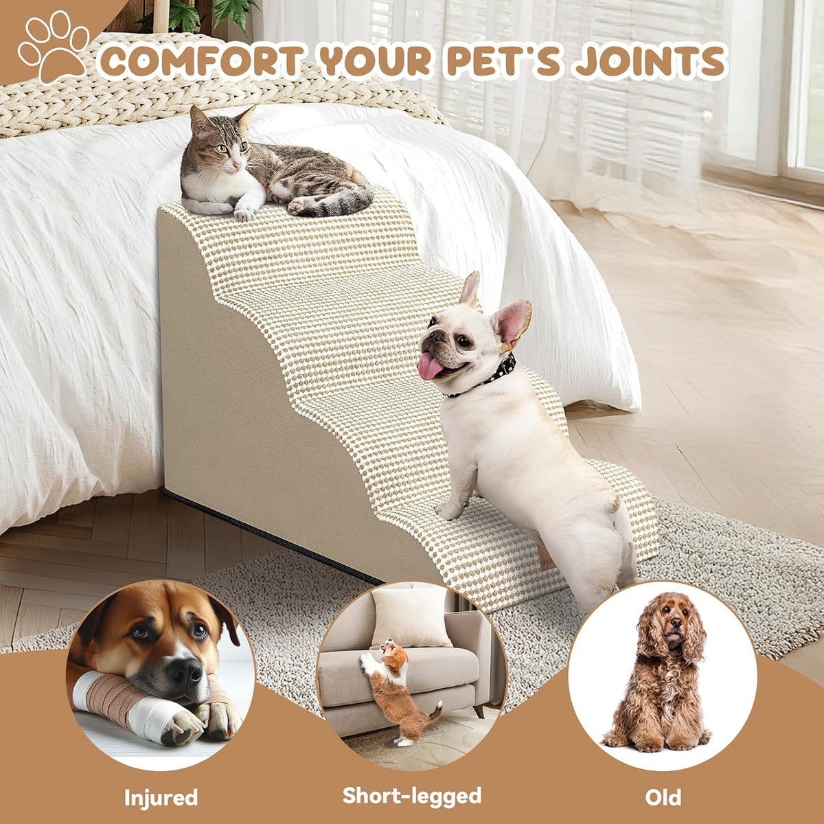 Zerbuger Dog Ramp and Stairs for Bed, Coffee 3 Steps 16" H - Beige / 4 - image 2