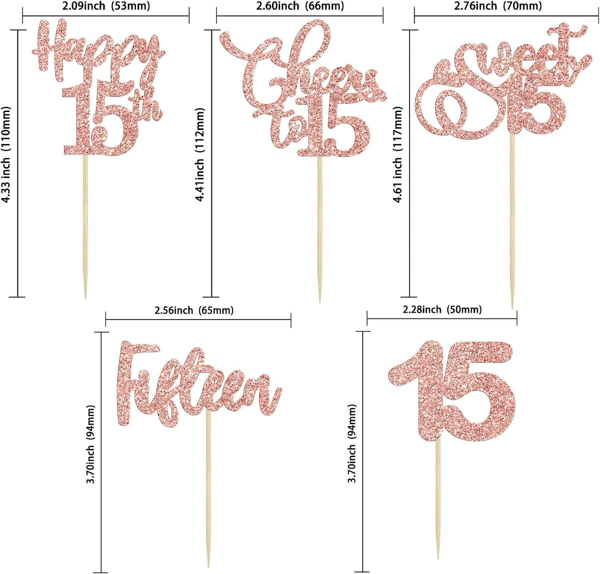 30 Pack Happy 80th Birthday Cupcake Toppers Gold Glitter Eighty - 15th / Rose Gold - image 2