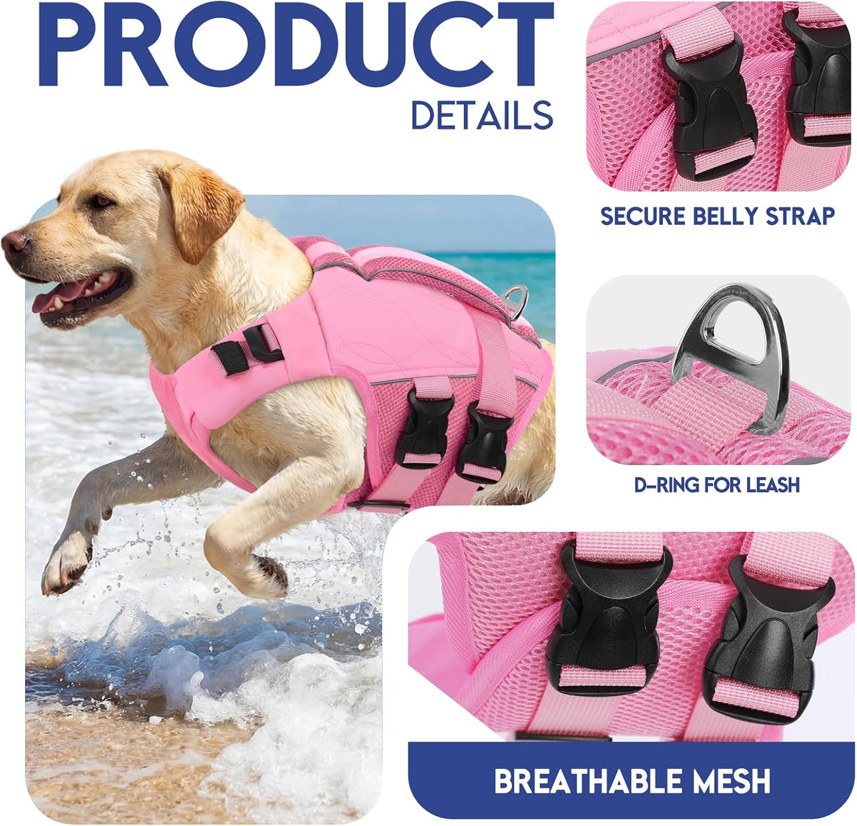 ASENKU Dog Life Jacket, High Floatation Dog Swimming Vest with Rescue Handles for Small Medium - Small / LightPink - image 2