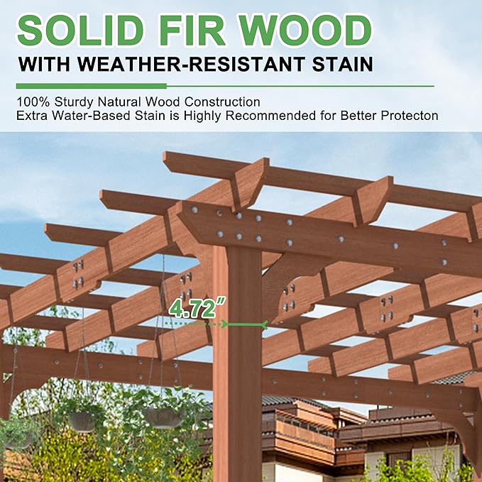 MUPATER 10×10 FT Wooden Pergola with Roof, Wood Pergola Kit with Stakes, Outdoor Shelter Structure for Climbing Plant Support, All-Season Durability, Shade for Patio, Backyard, Deck, Lawn