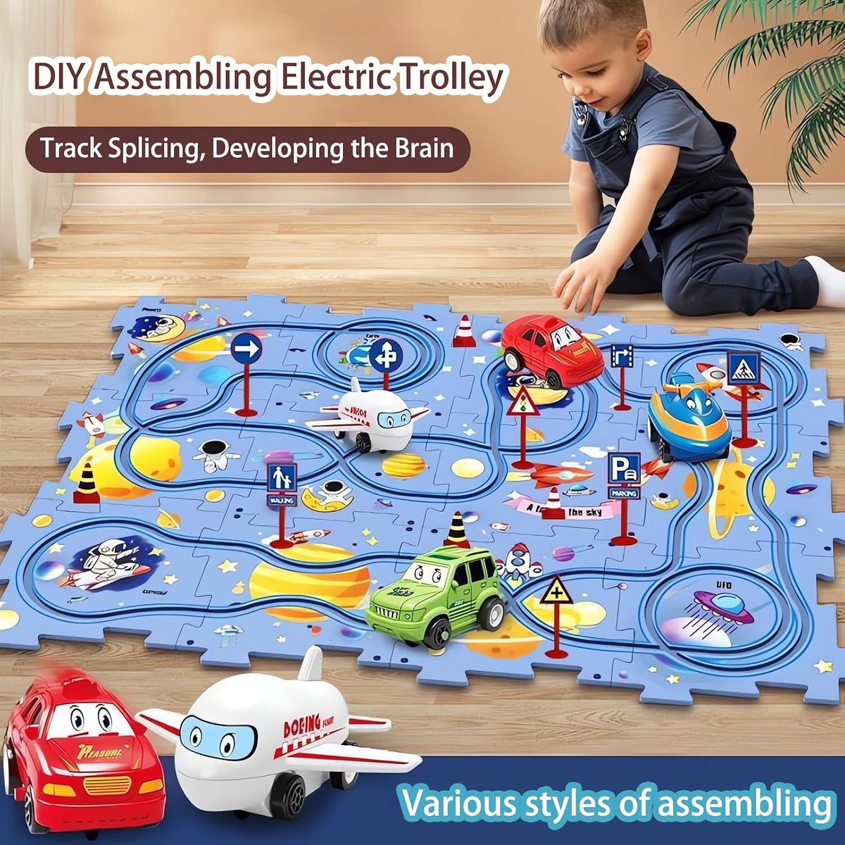 Ubegger puzzle car track set with puzzle road pieces, road signs and battery cars - view 28