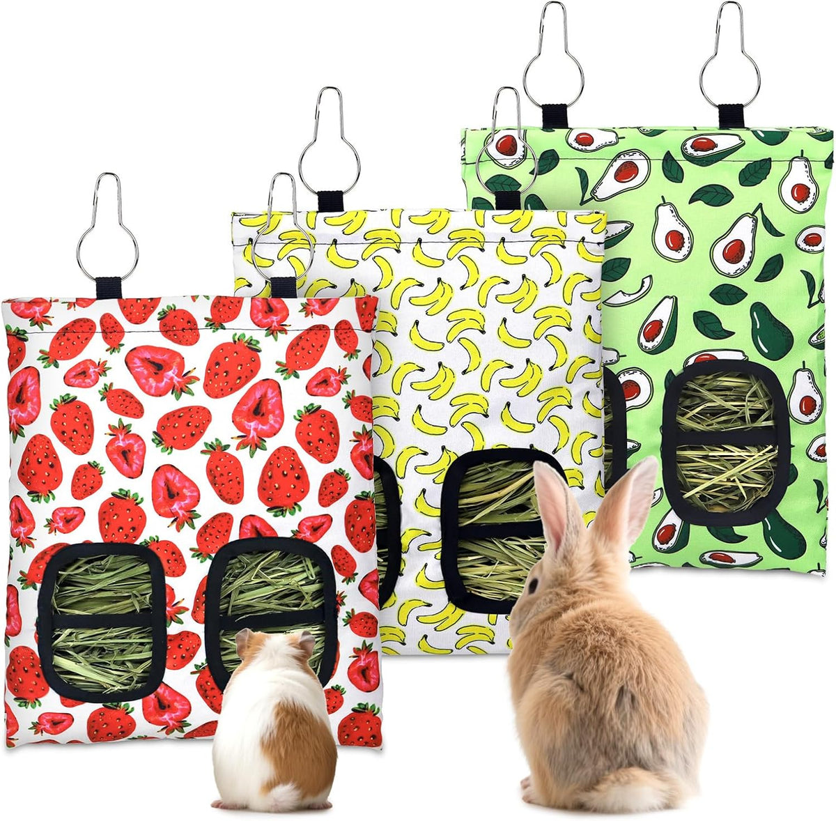 3 Pcs Rabbit Hay Feeder Bag - 11.8"×8.7" / Green,Red,Yellow