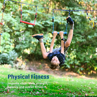 Ninja Warrior Obstacle Course for Kids, 2×56ft Slackline Kit with 8 Ninja Accessories - Monkey Bar, Rope Ladder, Gymnastic Ring, Arm Trainer and Monkey Fist