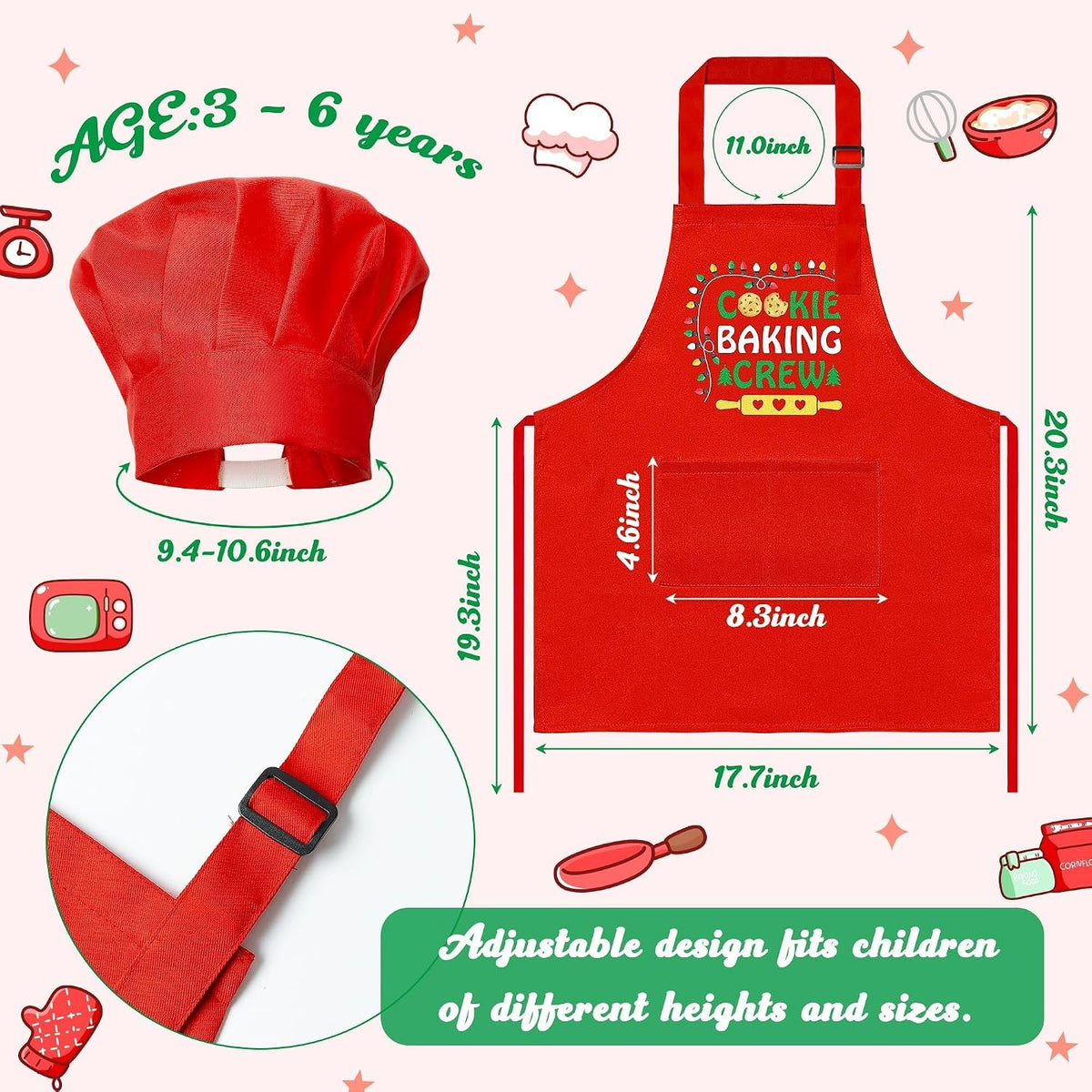 R HORSE Kid Apron and Chef Hat Set - Red Cookie Baking - image 3