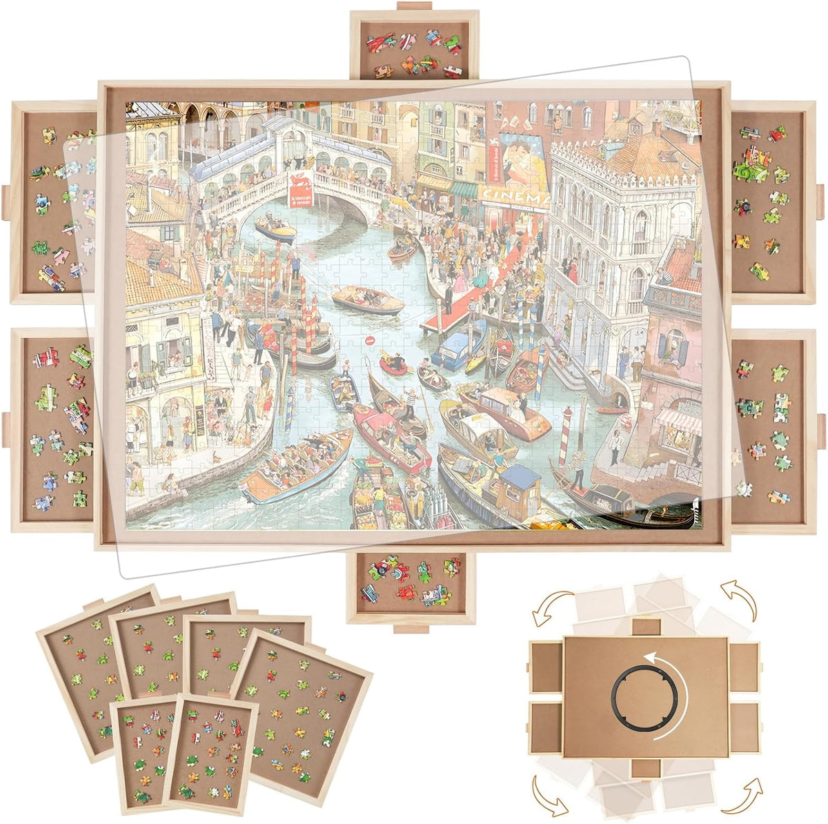 BuilderButler 1000 Pieces Rotating Puzzle Board with 4 Drawers - Wooden-6 Drawers / Large-2000pcs